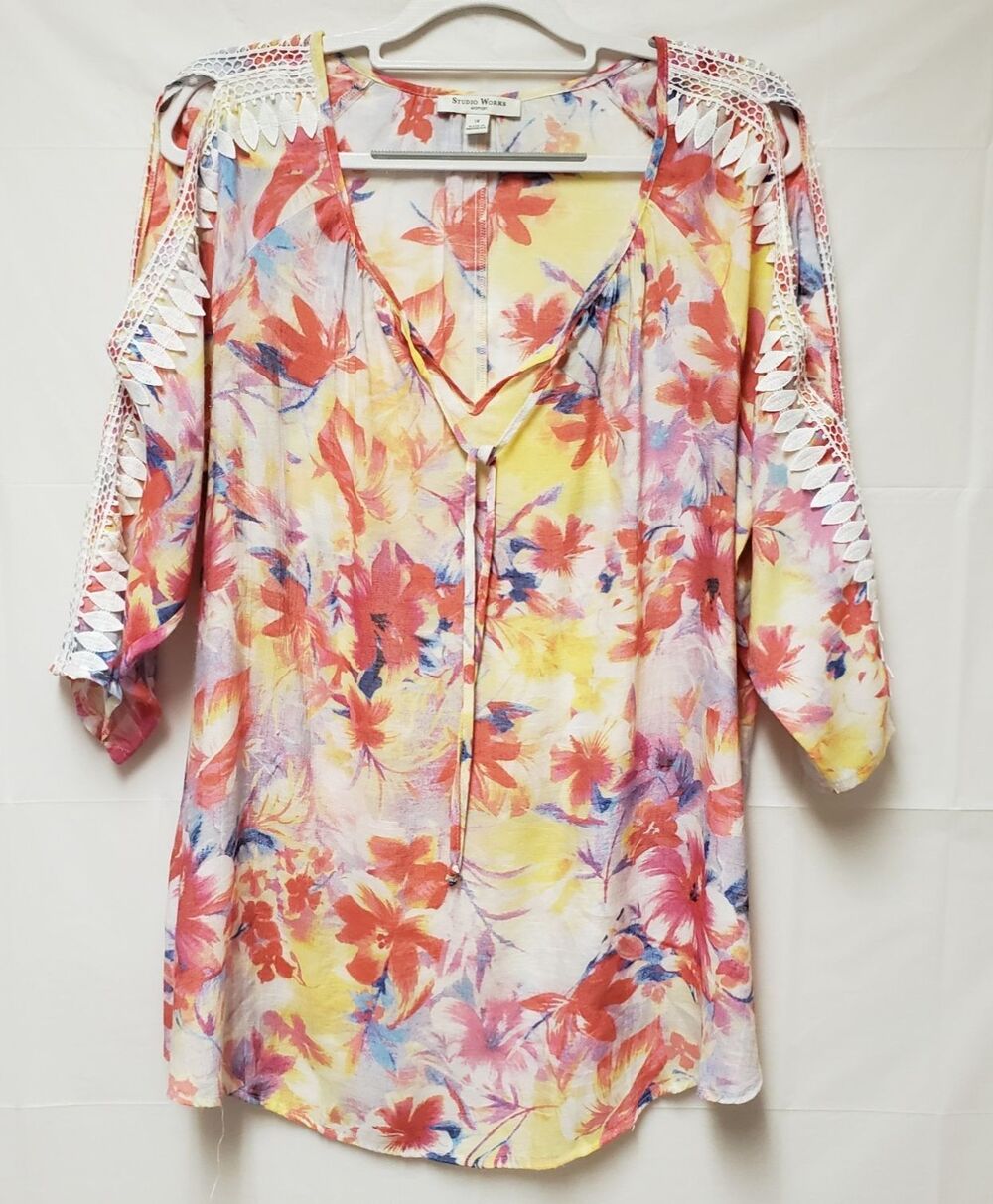 Studio Works Women’s 1X Blouse Multicolor Floral Cold Shoulder Embellished NWOT